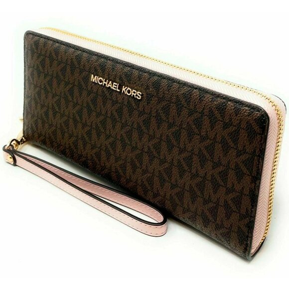 S Michael Kors Jet Set Large Continental Wallet Signature Brown Pink Wristlet - Picture 1 of 10
